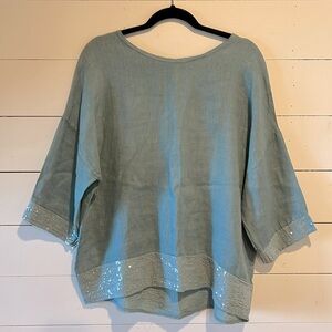 Bellambra Linen Top Blue Sequin Short Sleeve Boxy Blouse Large coastal